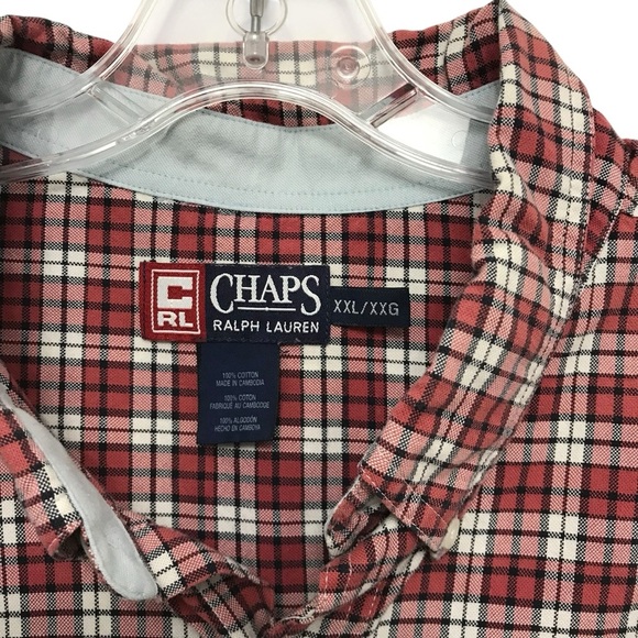 Chaps Ralph Lauren Red Blue Plaid Mens XXL Button Down Short Sleeve Shirt Logo - Picture 4 of 6